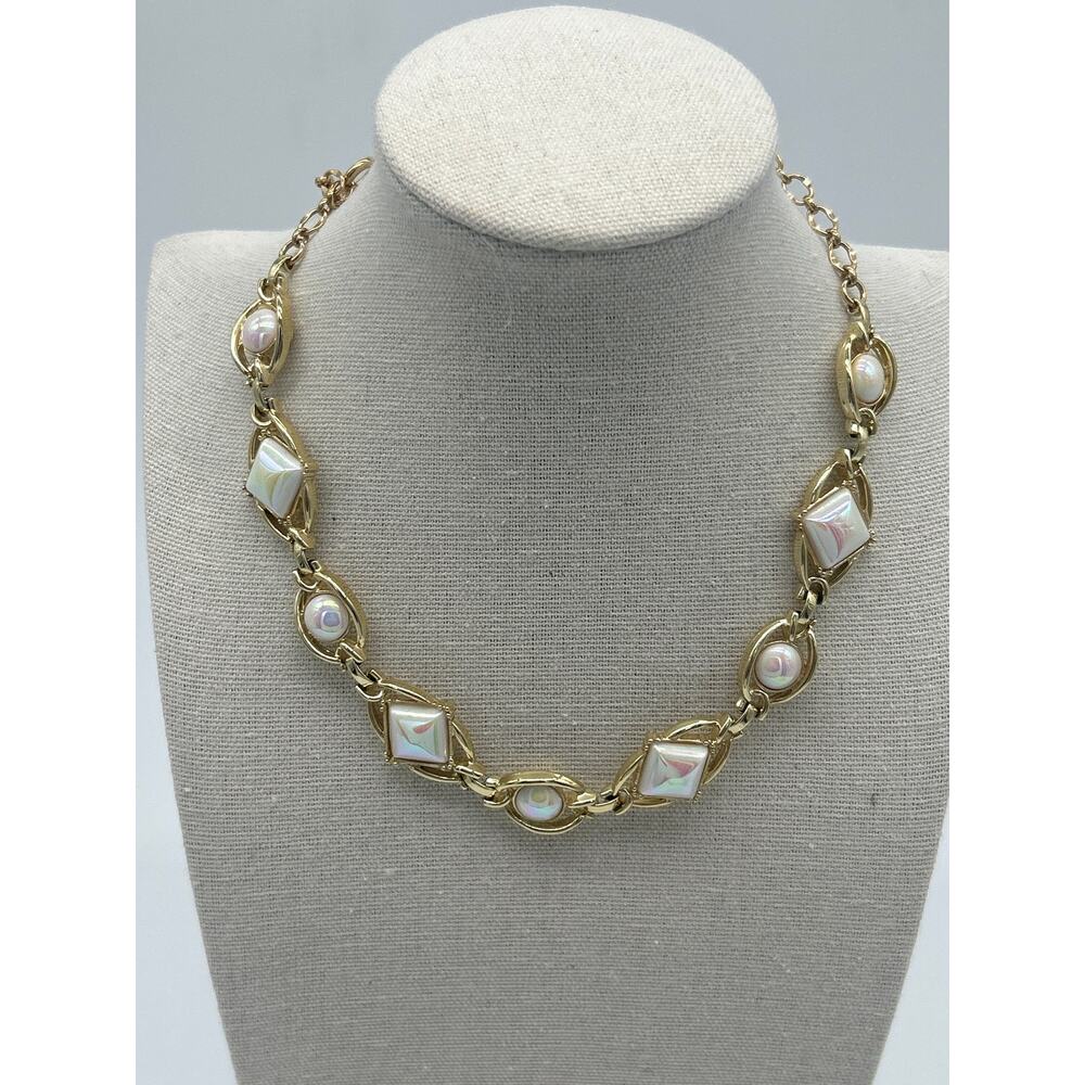 Vintage Emmons Gold Tone Iridescent Necklace Signed Statement Necklace